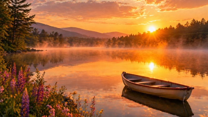 calm lake with a small boat and blooming flowers funeral homes in Windber, PA