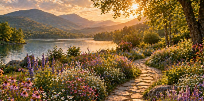 lakeside-garden-with-blooming-wildflowers-a-winding-stone-path-cremation-services-in-windber-pa