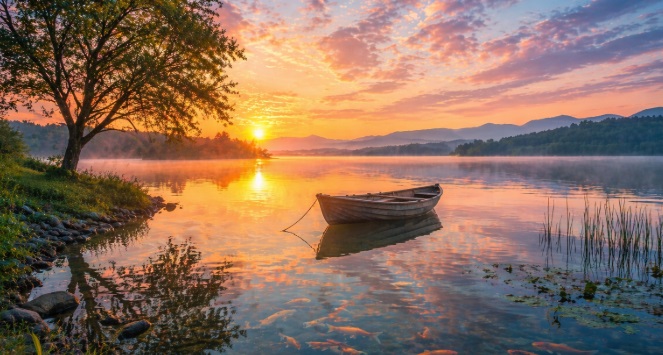 Peaceful lake at sunrise with a small boat and fish beneath the water cremation services in Richland, PA