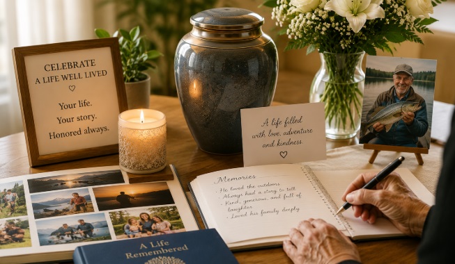 cremation services in Northern Cambria, PA, with tribute items, floral arrangements, and keepsakes honoring a loved one’s life