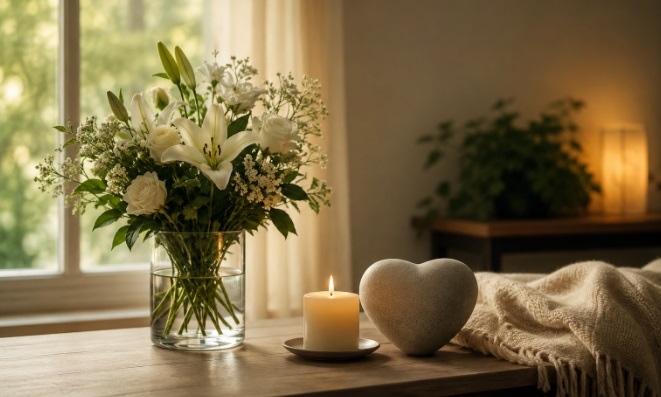 Funeral homes in Windber, PA with a peaceful floral arrangement, candle, and comforting indoor setting