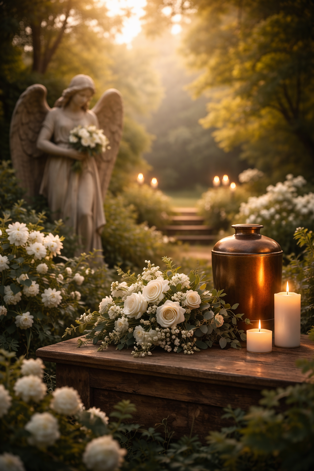 Serene garden with angel statue in North Cambria, PA