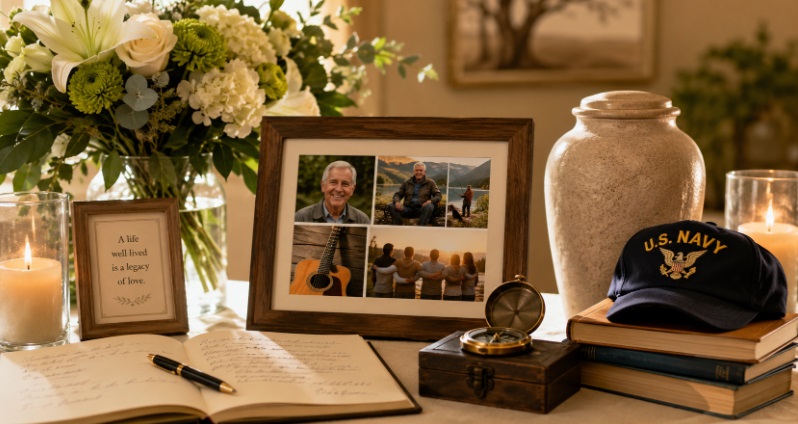 Memorial display with flowers, framed photos, candles, and keepsakes for funeral homes Windber, PA.