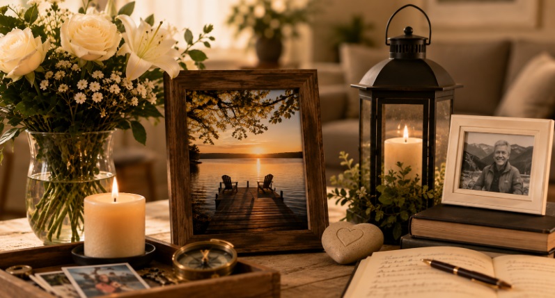 Thoughtful memorial display with flowers, candles, framed photos, and keepsakes for cremation services Windber, PA.
