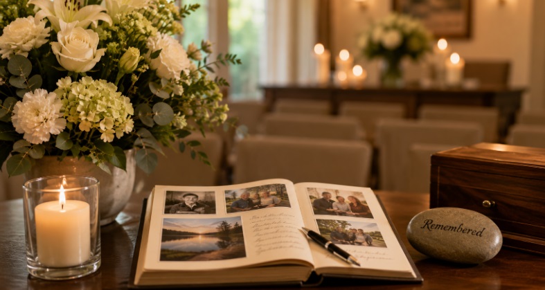Memorial guestbook, flowers, candle, and keepsake box for funeral homes Richland, PA.