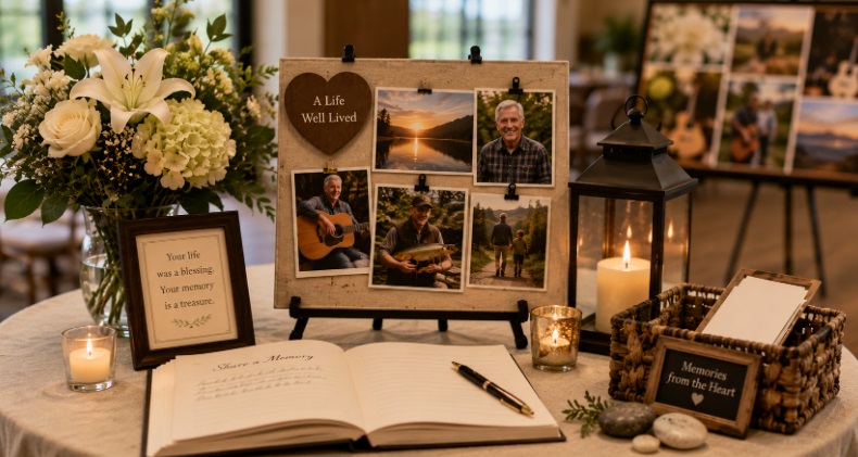 Memorial display with flowers, photos, candles, and a memory board for cremation services Richland, PA.